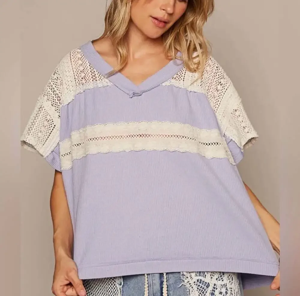POL V-Neck Crochet Lace Inset Waffle Knit Top in Lavender - Picture 5 of 8